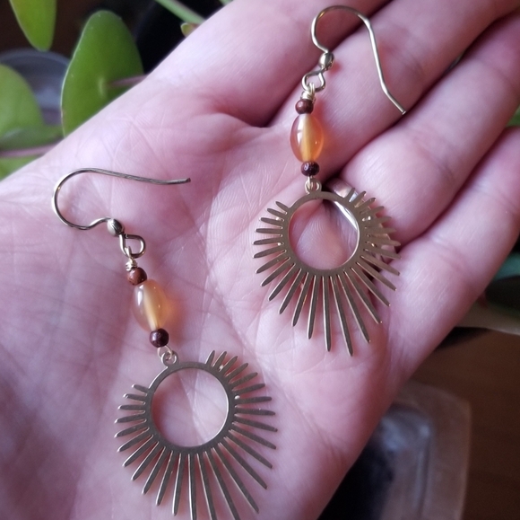 Handmade Boho Earrings - Agate and Brass - 2" Drop - New - Picture 2 of 2